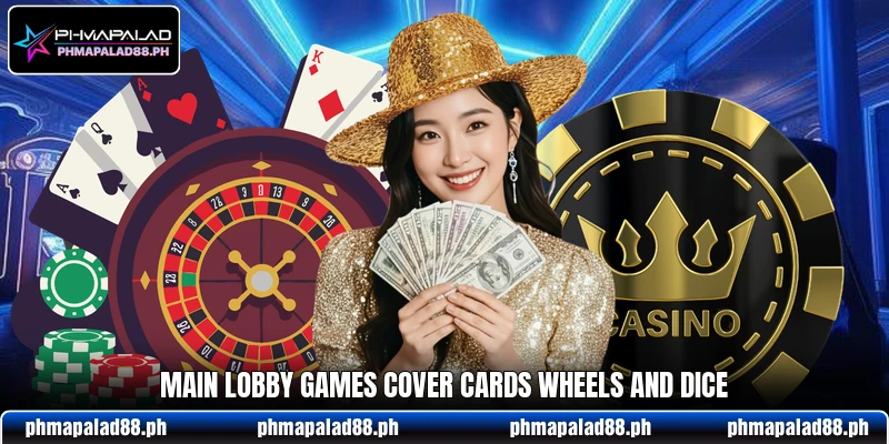 Main lobby games cover cards wheels and dice